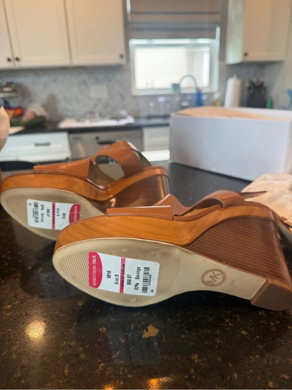 Michael Kors Tan Leather Cutout Wedge Sandals with Buckle